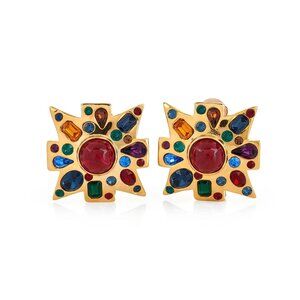 Kenneth Jay Lane, Gold Multi-Gem Maltese Cross Clip Earrings